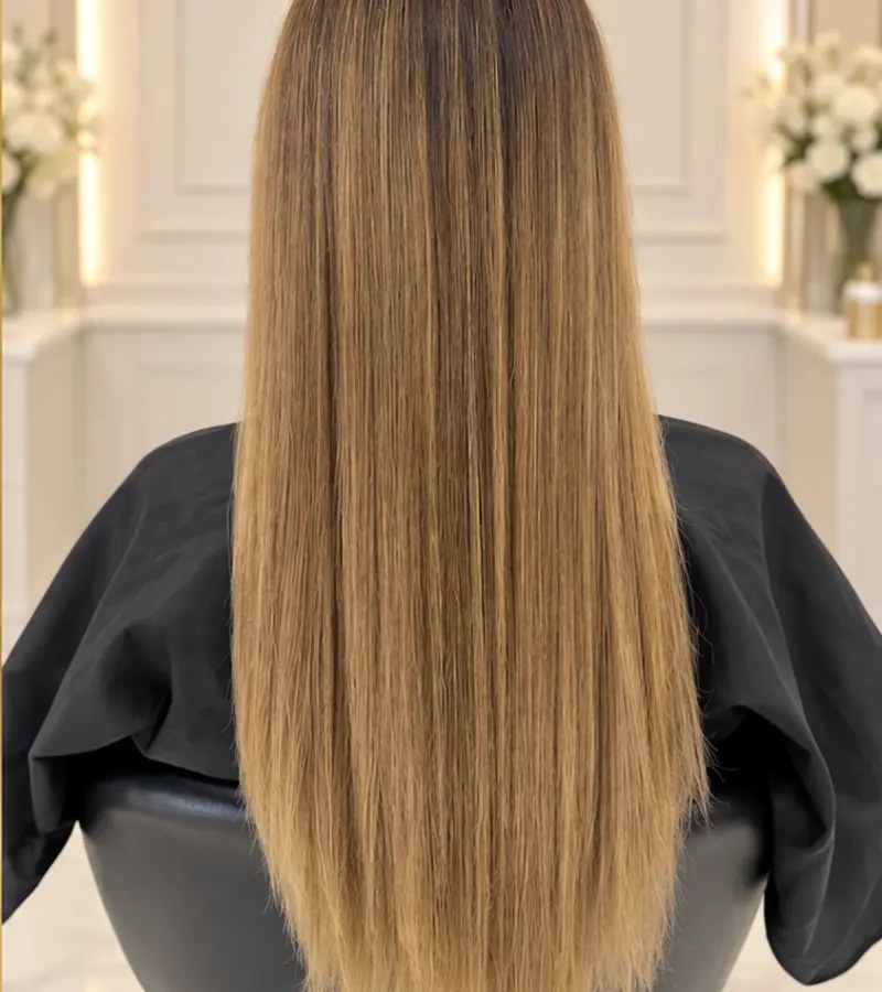 Après — cheveux blonds longs lissés