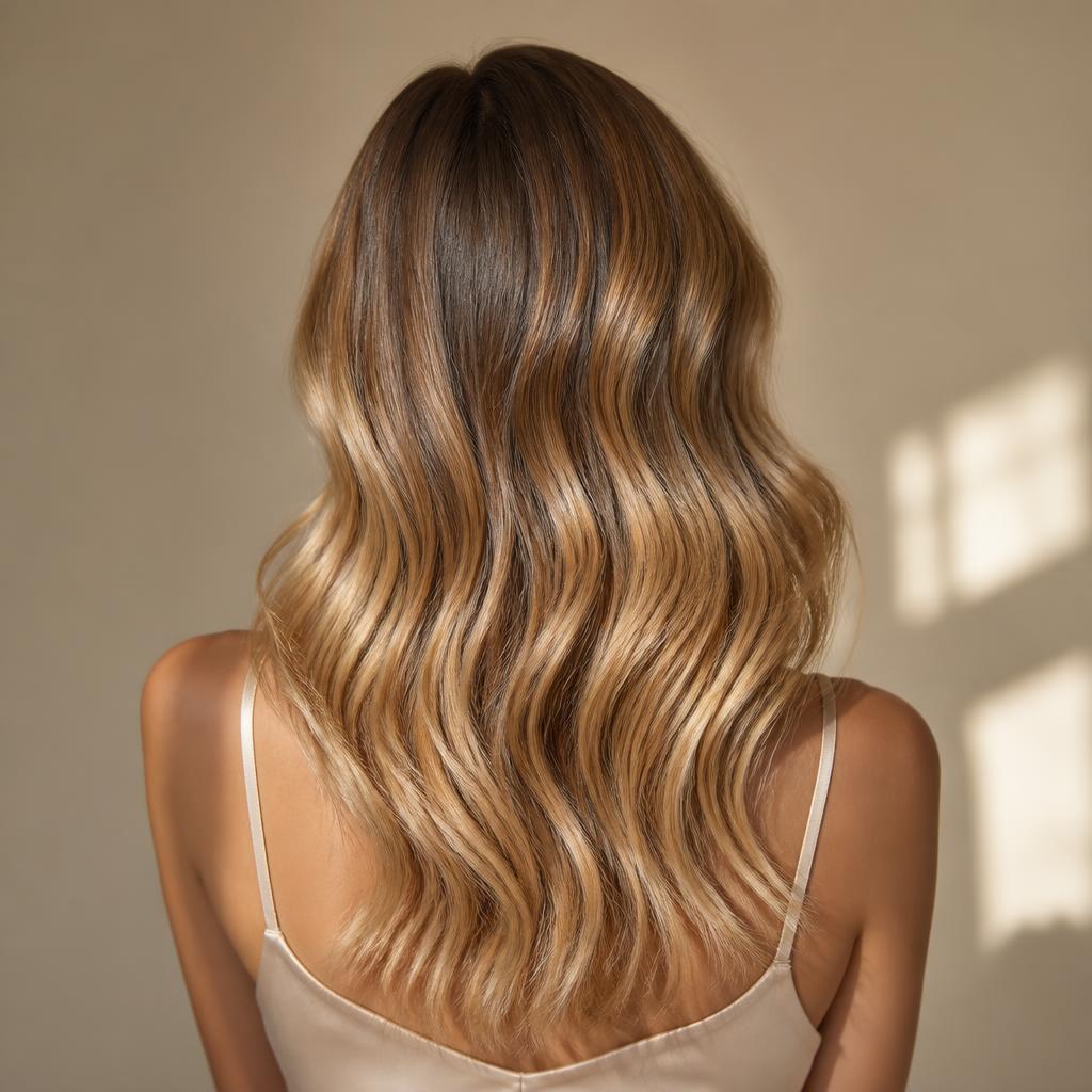 Après — balayage miel lumineux sur base brune